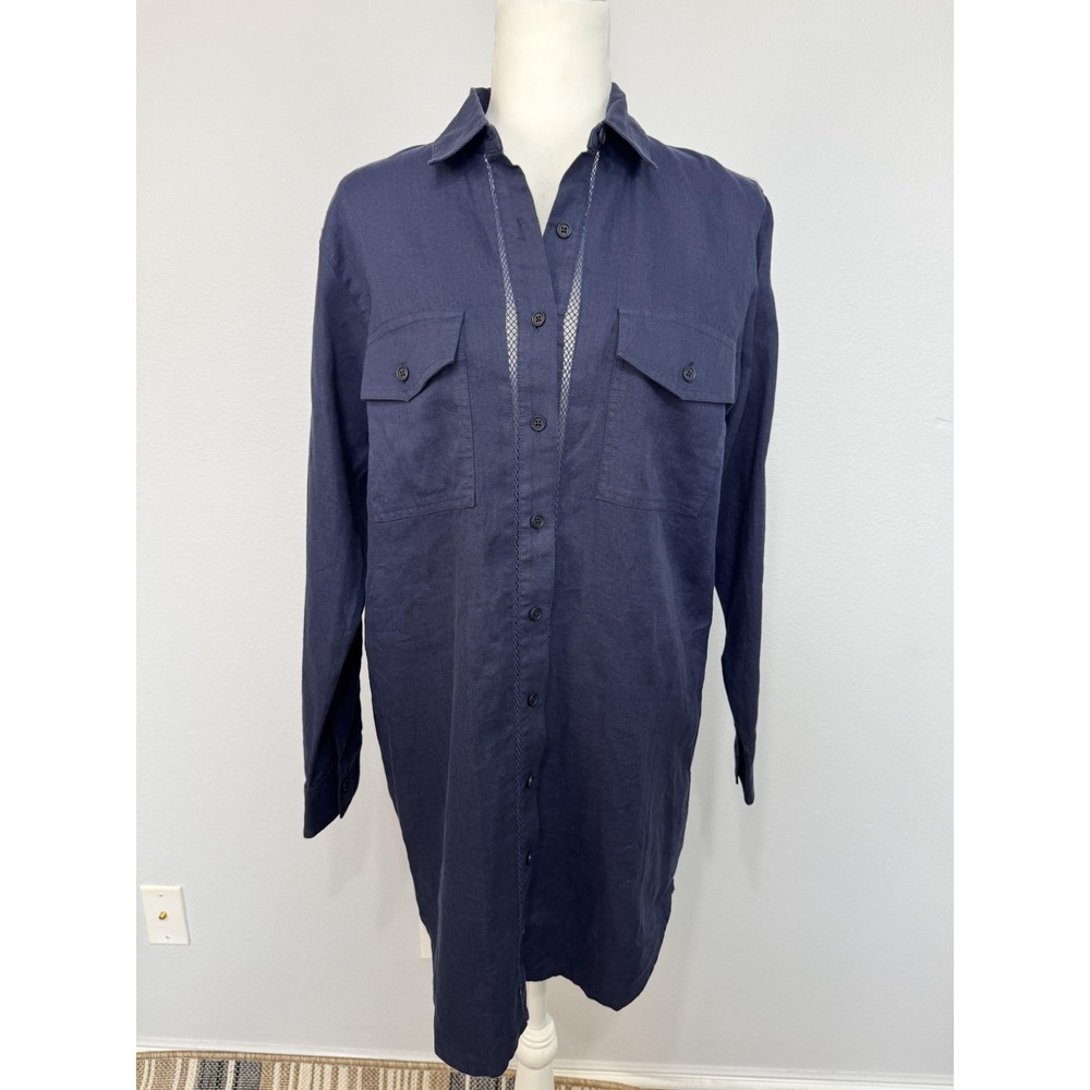Outerknown Shirt Dress Women's XS Blue Linen Organic Cotton Crochet Long Sleeve - Picture 3 of 16